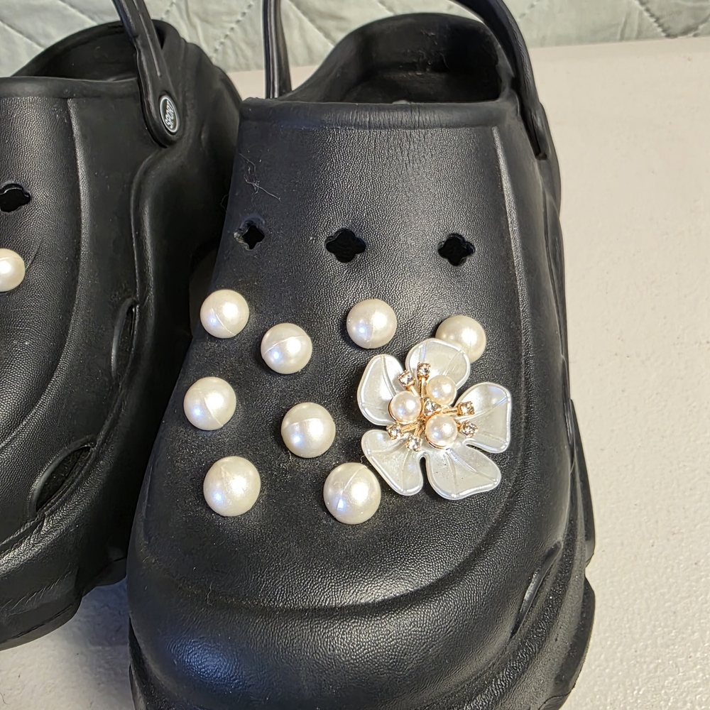 Solaud Platform Black Platform Clog Sandals with Pearl Flower Charm Sz 40 - Picture 10 of 11